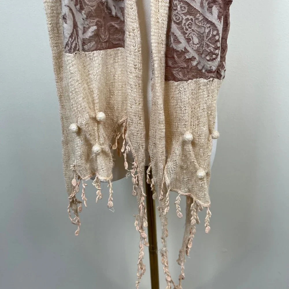 Paisley Knit Tassel Scarf Women Tan Brown Beaded Boho Romantic Wrap Fairy